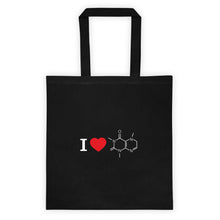 Load image into Gallery viewer, I Love Coffee (Caffeine Molecule) Black Tote Bag - Science Geek Club