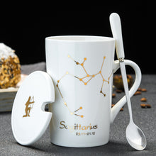 Load image into Gallery viewer, Minimalistic Zodiac Constellation Ceramic Coffee Mug with Spoon &amp; Lid - Science Geek Club