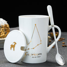 Load image into Gallery viewer, Minimalistic Zodiac Constellation Ceramic Coffee Mug with Spoon &amp; Lid - Science Geek Club