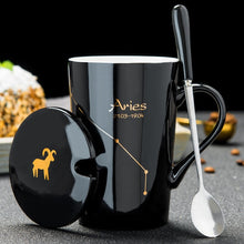 Load image into Gallery viewer, Minimalistic Zodiac Constellation Ceramic Coffee Mug with Spoon &amp; Lid - Science Geek Club