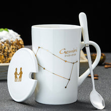 Load image into Gallery viewer, Minimalistic Zodiac Constellation Ceramic Coffee Mug with Spoon &amp; Lid - Science Geek Club