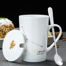 Load image into Gallery viewer, Minimalistic Zodiac Constellation Ceramic Coffee Mug with Spoon &amp; Lid - Science Geek Club