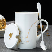 Load image into Gallery viewer, Minimalistic Zodiac Constellation Ceramic Coffee Mug with Spoon &amp; Lid - Science Geek Club