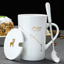 Load image into Gallery viewer, Minimalistic Zodiac Constellation Ceramic Coffee Mug with Spoon &amp; Lid - Science Geek Club