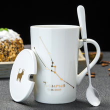 Load image into Gallery viewer, Minimalistic Zodiac Constellation Ceramic Coffee Mug with Spoon &amp; Lid - Science Geek Club