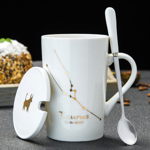 Minimalistic Zodiac Constellation Ceramic Coffee Mug with Spoon & Lid - Science Geek Club