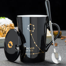 Load image into Gallery viewer, Minimalistic Zodiac Constellation Ceramic Coffee Mug with Spoon &amp; Lid - Science Geek Club